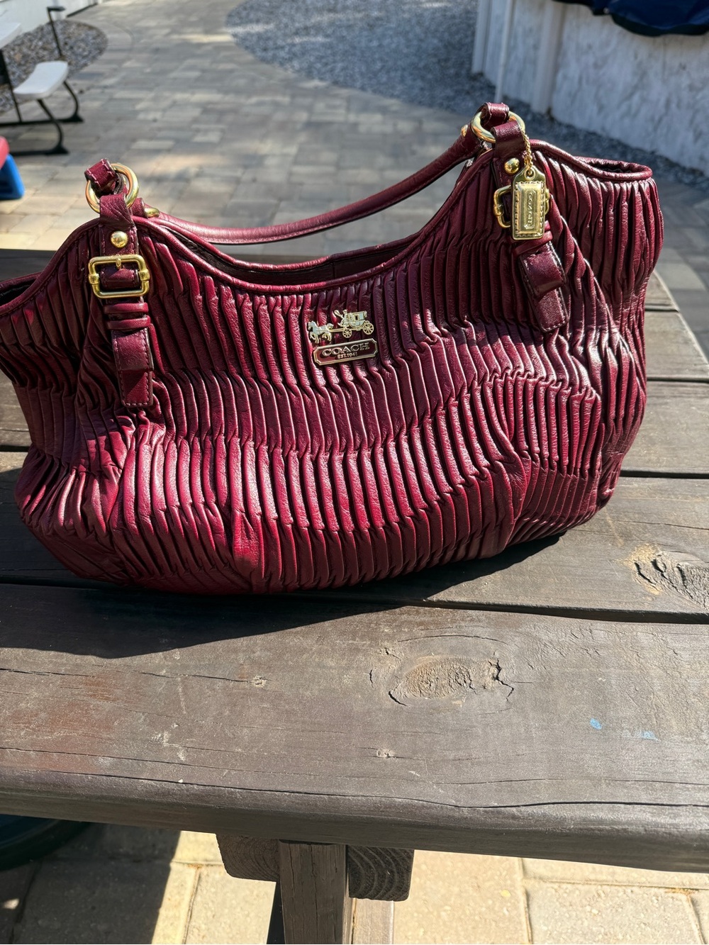 Coach Burgundy Pleated Leather Shoulder Bag with Gold Hardware